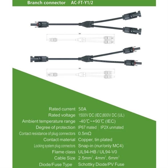 Conector solar GETI MC4: 1 hembra – 2 machos, 30 cm