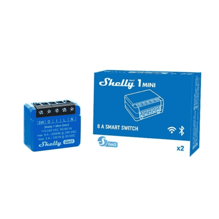 Shelly 1 Mini Gen3, Set of 2 Smart Wi-Fi Mini Relays with Dry Contact, 8A