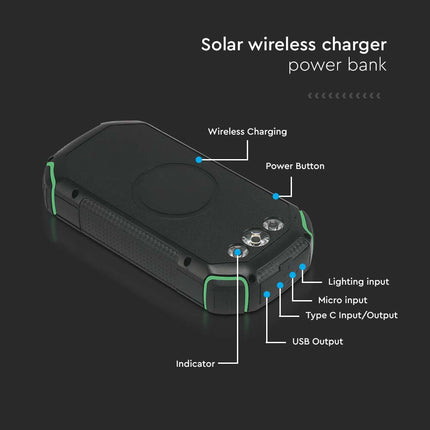 Batería externa portátil, carga inalámbrica, panel solar, 30 000 mAh, V-Tac