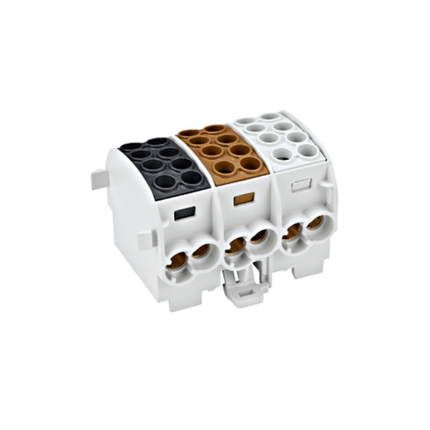 Insulated junction terminal block, 35 mm², 3-pole, 4 connection points, Brown, Black, Grey, Schrack