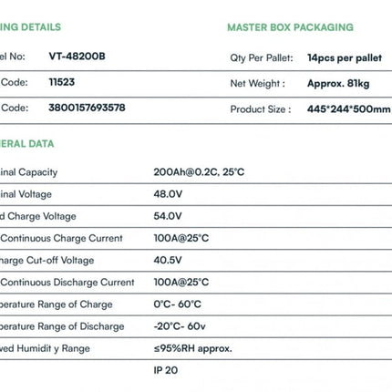 LiFePo4-Photovoltaik-Akku VT-48200B, 9,6 kWh, V-TAC
