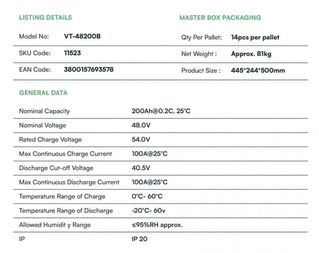 LiFePo4 9.6kWh VT-48200B photovoltaic battery, V-TAC